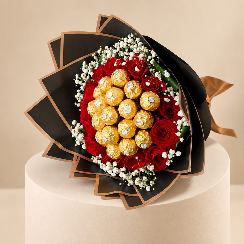 ferrero rocher & red roses bouquet