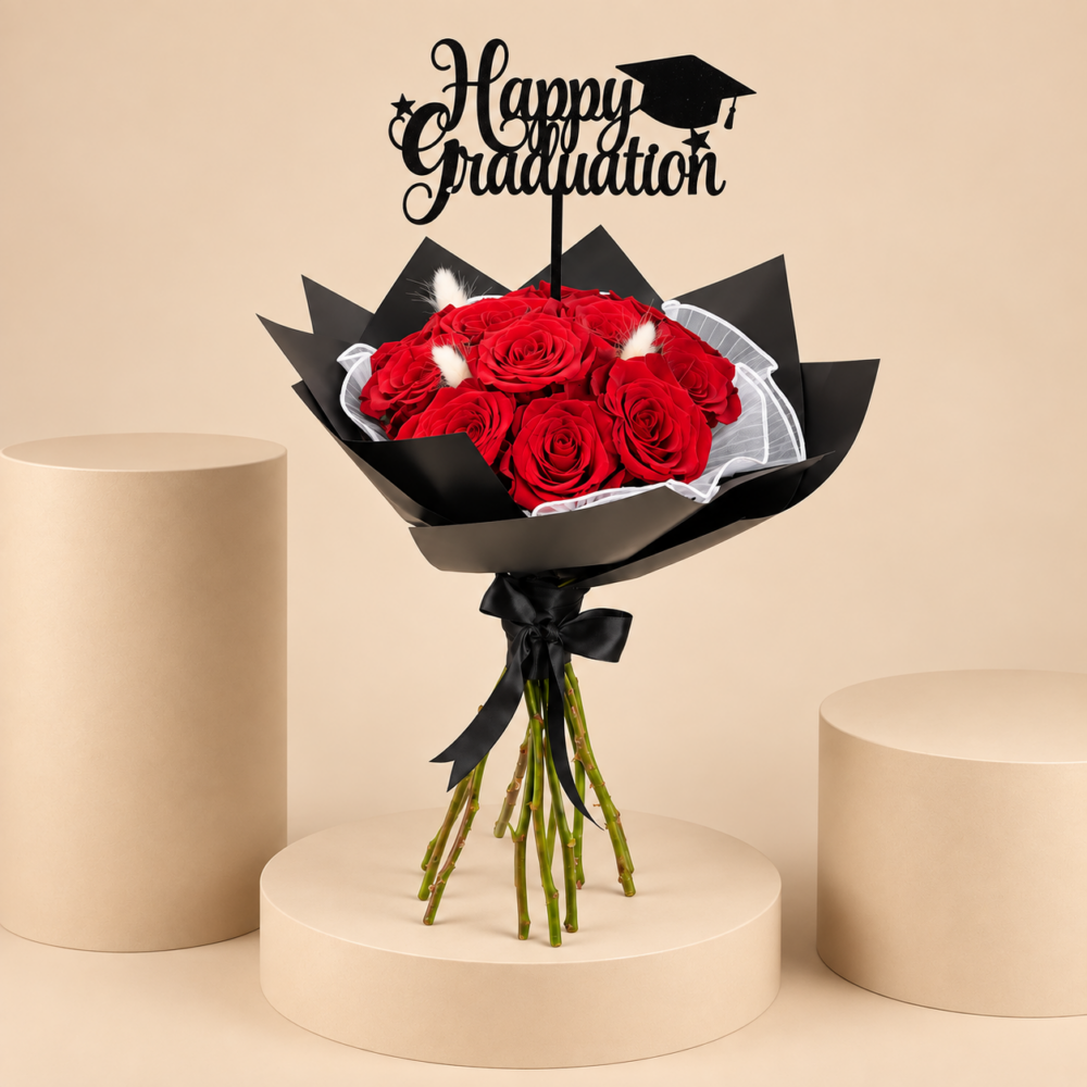 happy graduation red roses bouquet