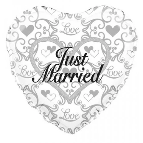 silver just married heart foil balloon