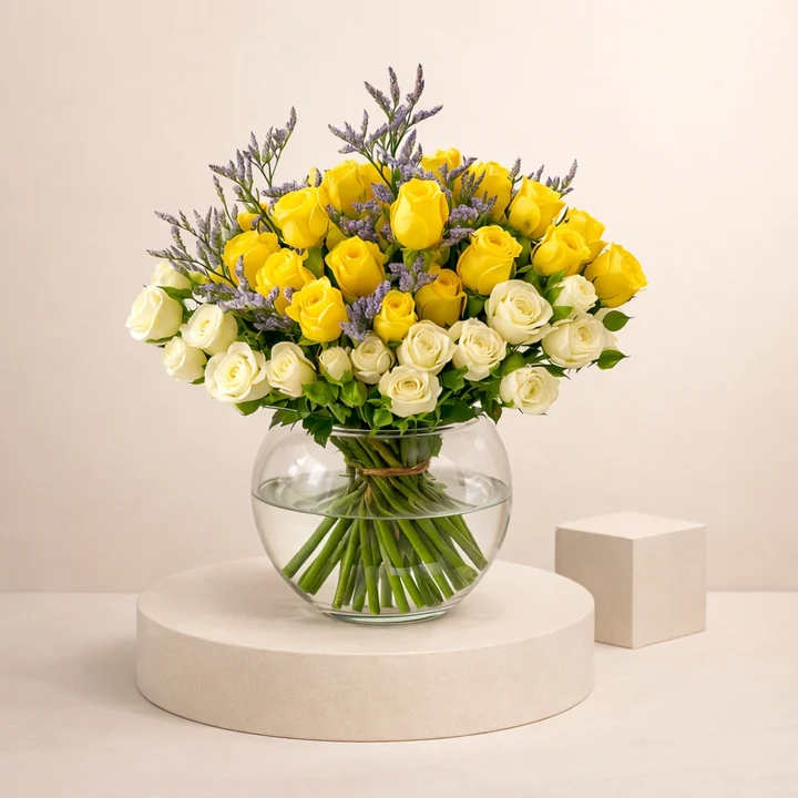 yellow white rose vase arrangement
