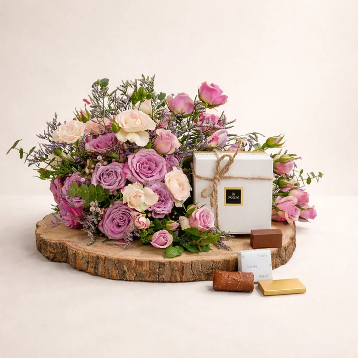 blush elegance bouquet with patchi chocolates